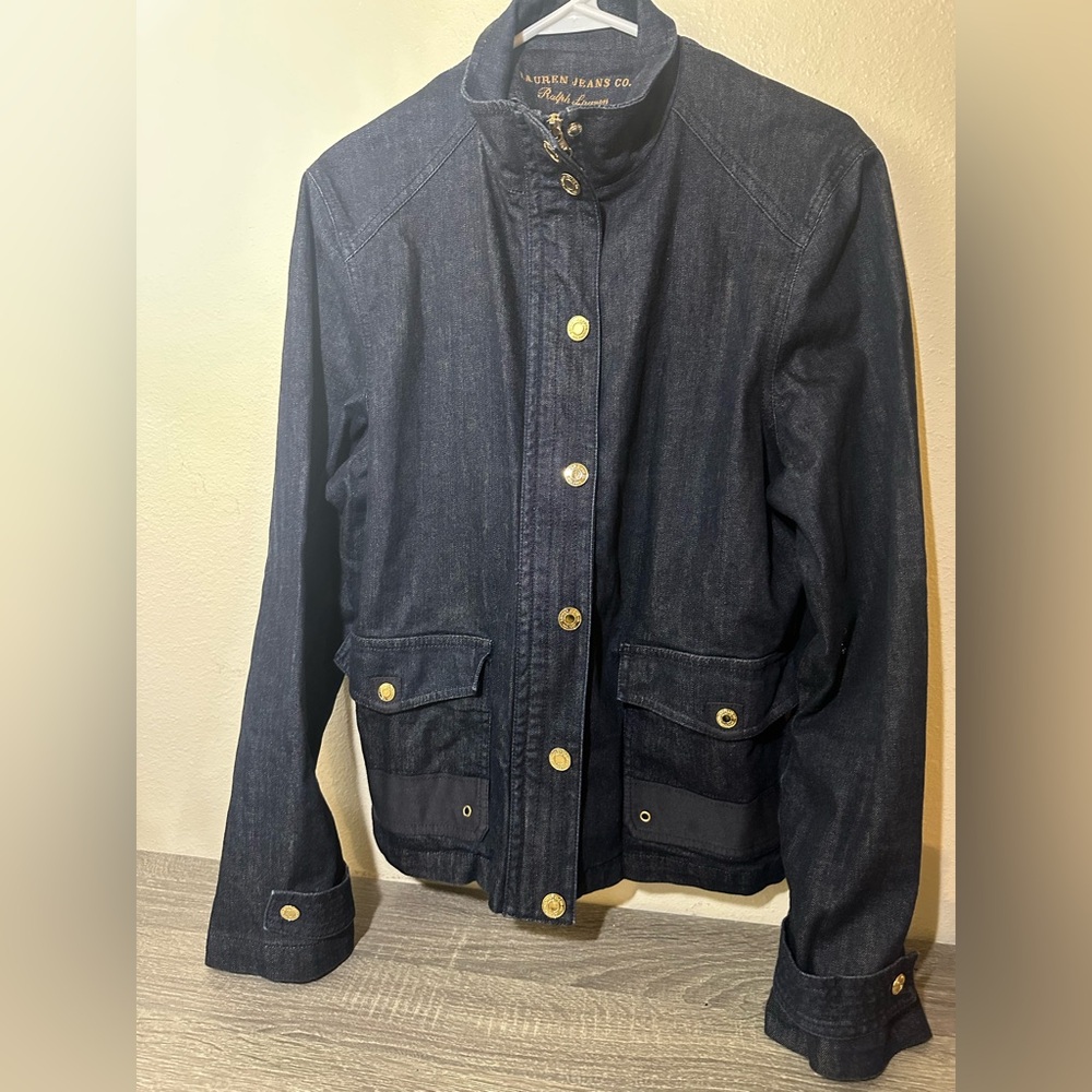 Lauren Jeans Co. Ralph Lauren Women Denim Jacket Blue Gold Button, Zip, Size XL